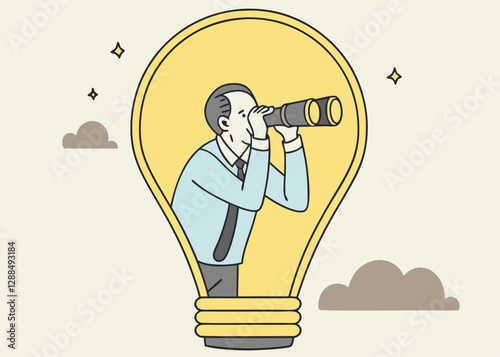 Creativity to help see business opportunity, vision to discover new solution or idea, curiosity, searching for success concept, businessman open lightbulb idea using binoculars to see business vision.