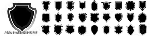 Hand drawn frame shields policeman badge set vector. Illustration of security black labels. Shield blank emblems, military shields silhouettes. 