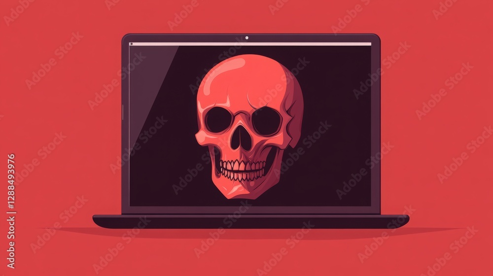 Laptop screen displaying a skull icon, representing malware or cybersecurity threat Laptop screen displaying a skull icon, representing malware or cybersecurity threat