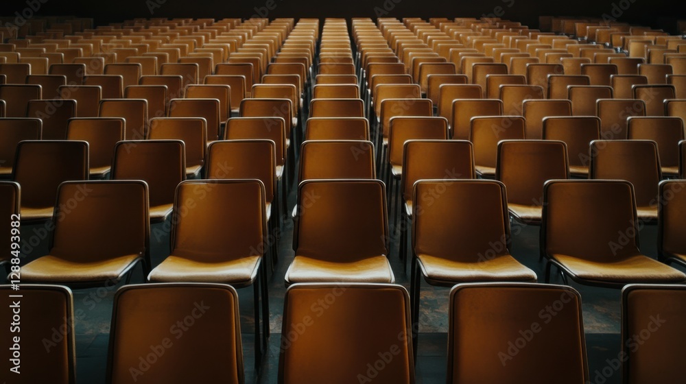 Fototapeta premium A spacious conference hall with rows of empty chairs, ready for an event or presentation.
