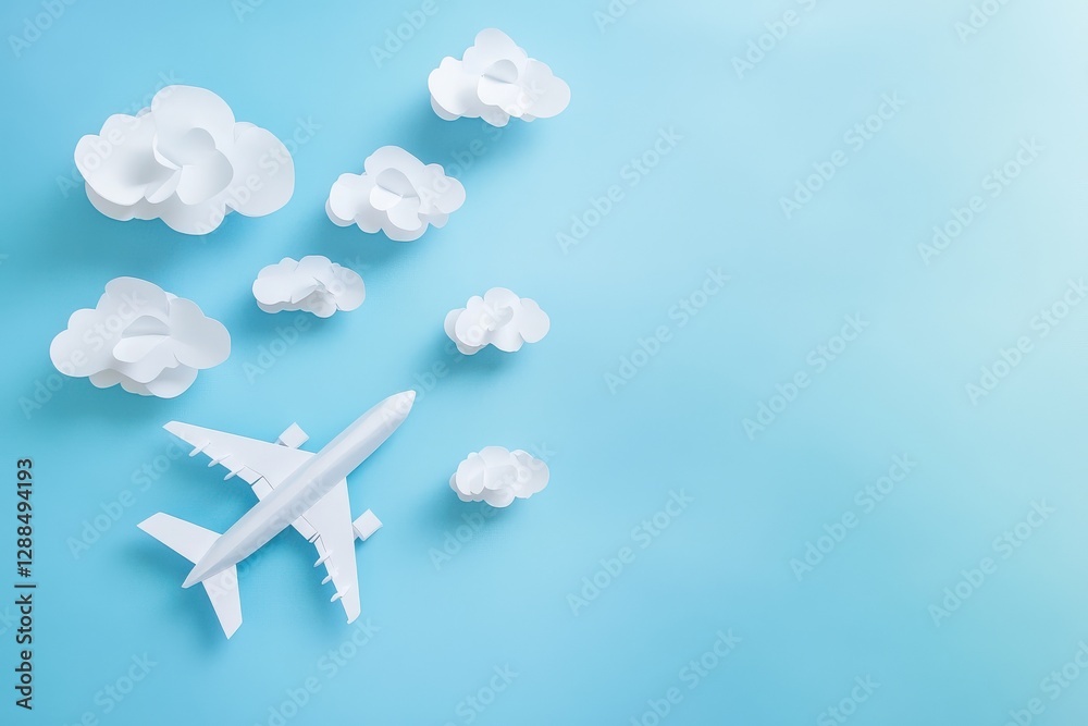 Paper Airplane Soaring Above Clouds on a Pastel Blue Background Paper Airplane Soaring Above Clouds on a Pastel Blue Background