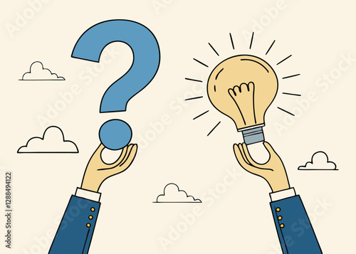 Question and answer, solving problem or business solution, ask for reply or idea to solve difficulty and trouble, FAQ concept, businessman hand holding question mark with other reply with lightbulb.