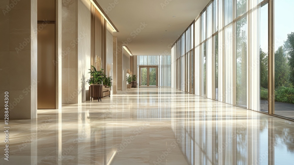 Fototapeta premium A spacious, elegantly lit hallway with large windows and polished marble floors.