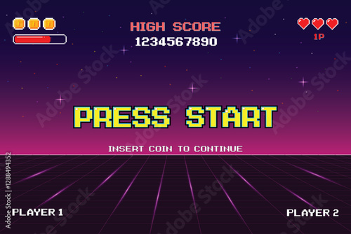 PRESS START. pixel art .8 bit game. retro game. for game assets .Retro Futurism Sci-Fi Background. glowing neon grid. and stars from vintage arcade computer games