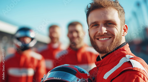 Smiling Racecar Driver Holding Helmet with Team in Background on Sunny Day