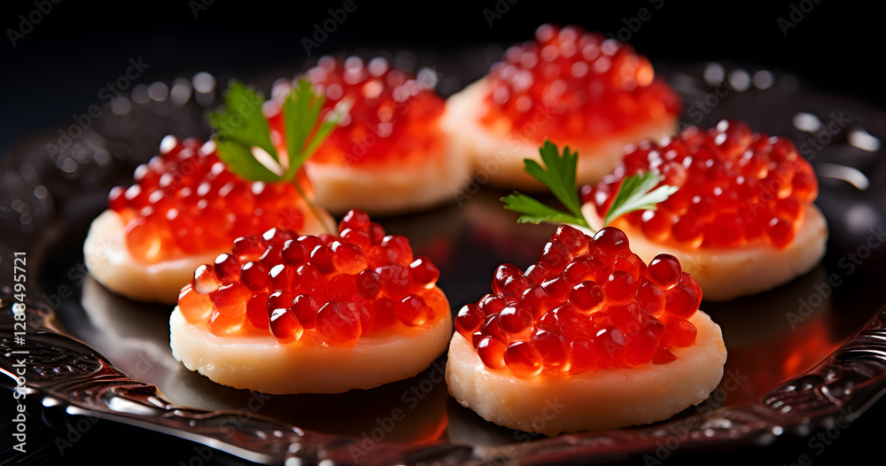 Culinary art of gourmet salmon roe served on delicate cream cheese bases garnished with fresh herbs on a decorative plate during an elegant dinner Culinary art of gourmet salmon roe served on delicate cream cheese bases garnished with fresh herbs on a decorative plate during an elegant dinner