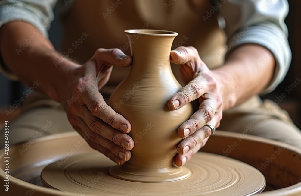 Close-up of craftsman hands shaping clay vase on pottery wheel. Potter forms ceramic art. Skilled manual work in workshop, sculpting with mud, spin art on creation. Traditional cultural hobby. Close-up of craftsman hands shaping clay vase on pottery wheel. Potter forms ceramic art. Skilled manual work in workshop, sculpting with mud, spin art on creation. Traditional cultural hobby.