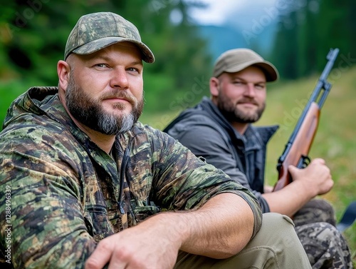 Hunters with rifles relaxing in nature environment Hunter friend enjoy leisure in field Hunting with friends hobby leisure Rest for real men concept Hunters gamekeepers relaxing Di photo