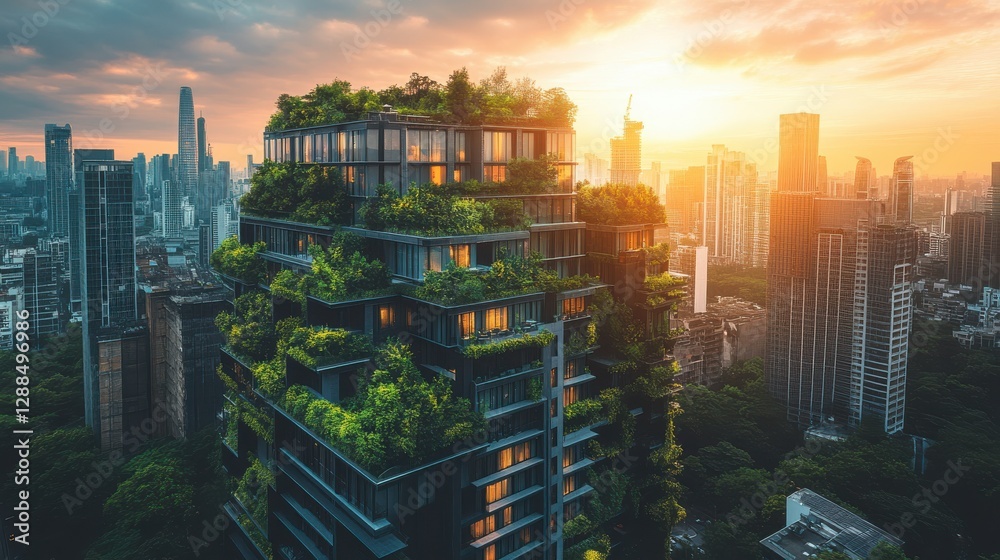 Obraz premium Futuristic eco-city with sustainable tech solutions, green rooftops, solar panels, energy-efficient skyscrapers, blending nature with urban innovation