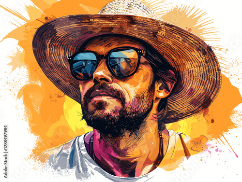 Portrait of a man in a hat and sunglasses. Vector illustration