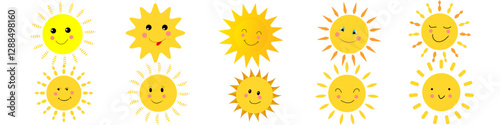 Cute sun vector. set illustration. Cartoon sunshine, sunshine vector. Suns funny smiling faces. Sun yellow emoji and  weather
