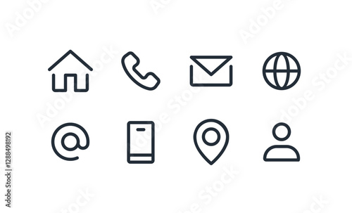 Contact Icons Set: Home, Phone, Mobile, Email, Address, Location, Website, Globe, – Vector Collection. Contact Us Linear Vector icons.