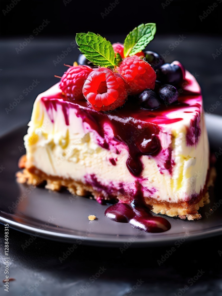 an AI Image Generator, Delicious Raspberry Cheesecake with Mint Garnish an AI Image Generator, Delicious Raspberry Cheesecake with Mint Garnish