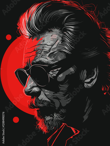 Man with a beard and sunglasses is the main subject of the image. The man is wearing sunglasses and has a beard, which gives him a cool and mysterious appearance. The image is in black and red