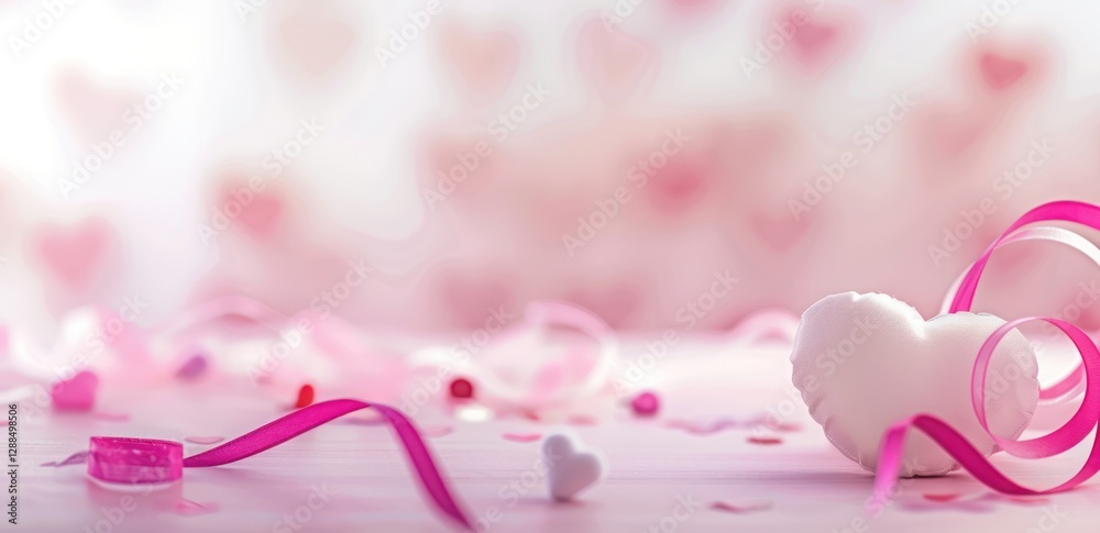 Pink ribbon and heart decoration wallpaper copy space bokeh light soft pink background blur shot light reflection. Pink ribbon and heart decoration wallpaper copy space bokeh light soft pink background blur shot light reflection.