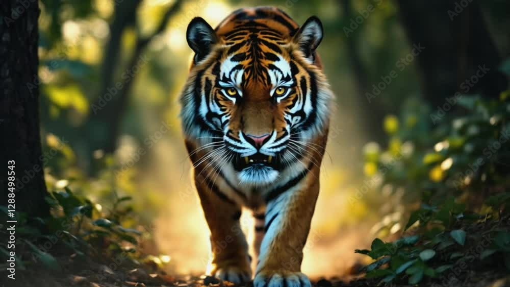 Tigre avanza con mirada feroz por la selva iluminada, rodeado de vegetación y luz dorada.