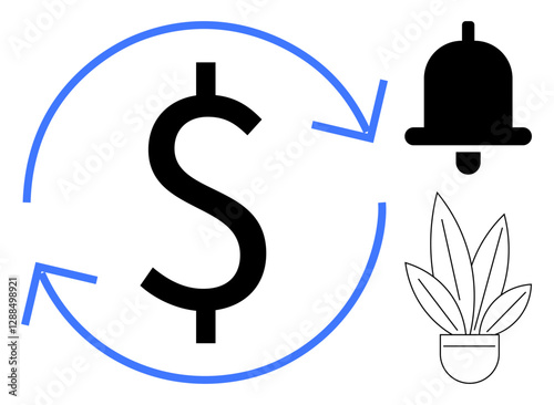 Large dollar sign encircled by two blue arrows, representing financial circulation, accompanied by a notification bell and plant pot. Ideal for finance, business growth, investment, savings, alerts