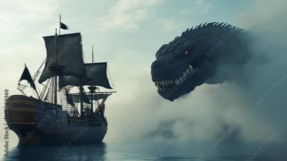 Scene of a giant monster in the ocean facing a pirate ship, smooth ...