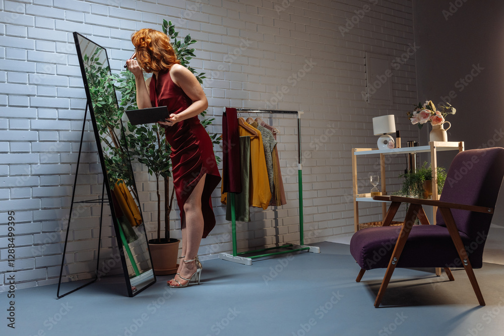Fototapeta premium Fashion designer applying makeup looking in the mirror in her studio