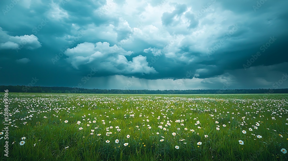 Fototapeta premium Storm clouds over flower field during day. Background forest, rain falling. Nature background