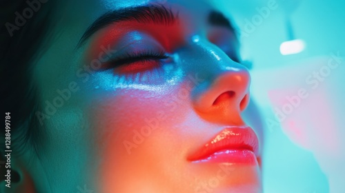 A young woman undergoes facial biotherapy in an aesthetic clinic.Concept of taking care of yourself.