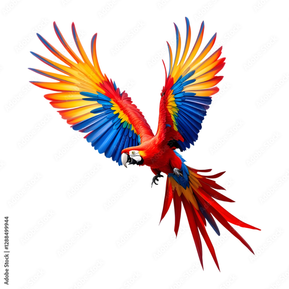 Fototapeta premium Scarlet macaw in flight with vibrant blue, red, and yellow feathers isolated on transparent background