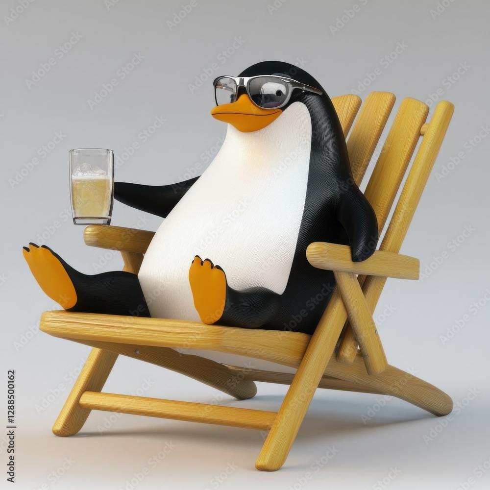 Obraz premium 3D Penguin Relaxing in Beach Chair with Cool Drink