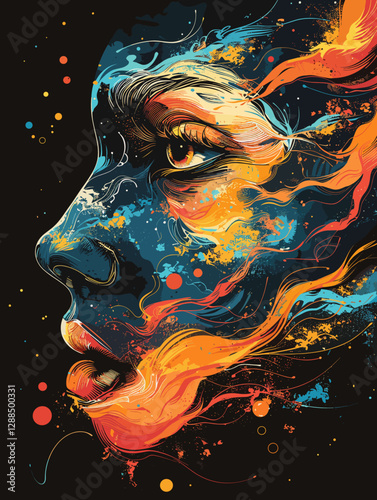 Vector illustration of a beautiful woman's face with abstract colorful hair