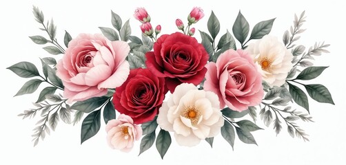 Watercolor floral bouquet with red roses, pink peonies, and white blooms with green foliage. Wedding invitation decor art, vintage style floral frame for greeting card background design element.