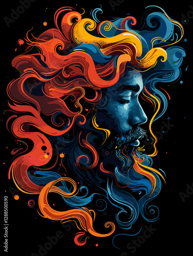 Man with a beard and long hair is depicted in a colorful and abstract style. The hair is flowing in a spiral pattern, with blue and red hues blending together. The man's face is not clearly visible