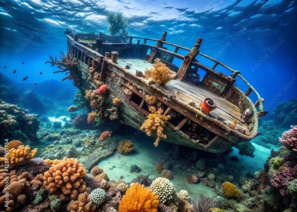 Fototapeta premium Sunken Wooden Shipwreck Covered in Coral Reefs
