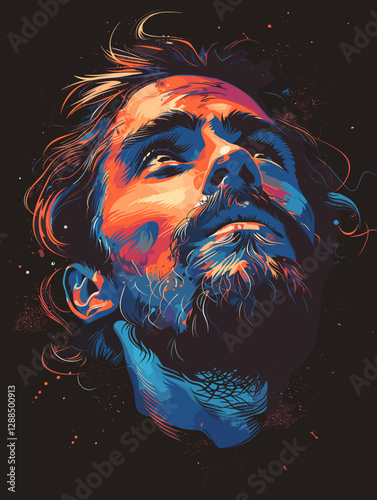 Man with a beard and a beard is shown in a painting. The painting is in blue and orange colors