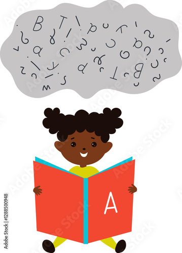 small child is reading book.  concept of reading and learning. International Literacy Day, book day.  Children education background. Book festival.Vector cartoon flat  Illustration 