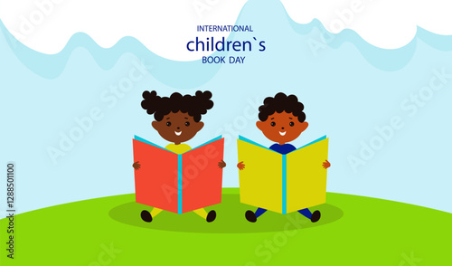 small child is reading book.  concept of reading and learning. International Literacy Day, book day.  Children education background. Book festival.Vector cartoon flat  Illustration 