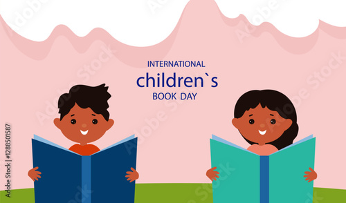 small child is reading book.  concept of reading and learning. International Literacy Day, book day.  Children education background. Book festival.Vector cartoon flat  Illustration 