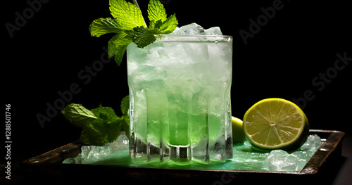 Refreshing mint lime cocktail served in a chilled glass with crushed ice and garnished with fresh mint leaves and lime slices