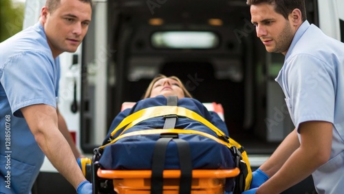 Medical transferring a patient on a stretcher into ambulance transport, Concept hospital transfer.