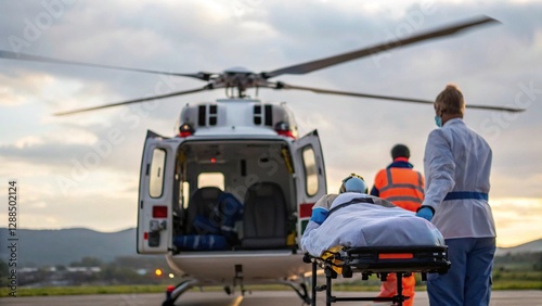 Air patient transport with medical staff assisting and monitoring vitals.