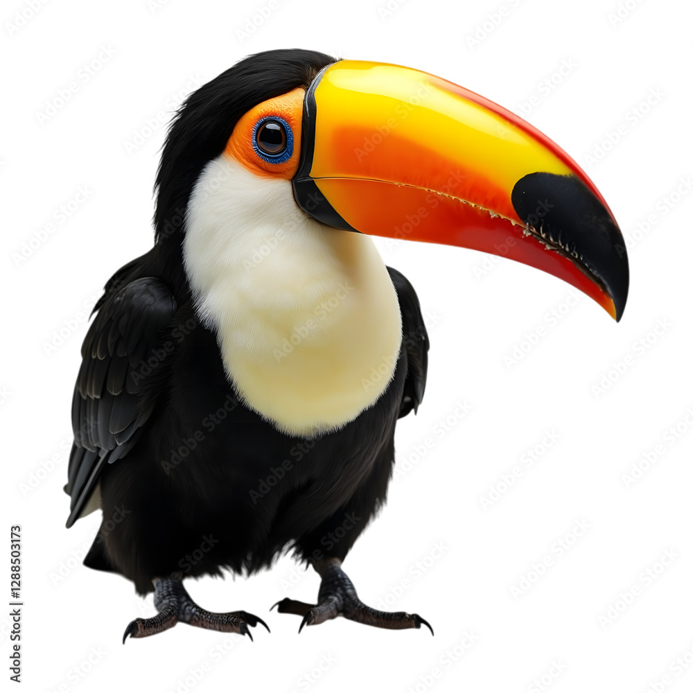 Naklejka premium Stunning toucan with a large orange beak and detailed feathers isolated on a transparent background