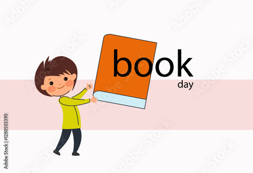 small child is reading book.  concept of reading and learning. International Literacy Day, book day.  Children education background. Book festival.Vector cartoon flat  Illustration 