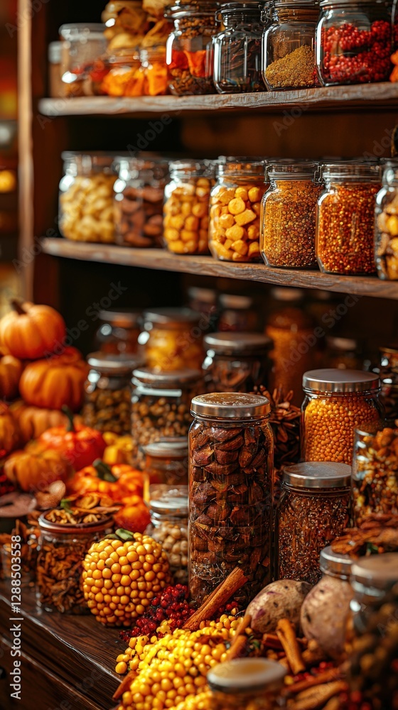 Beautifully arranged display of colorful jars filled with delicious preserves and sauces