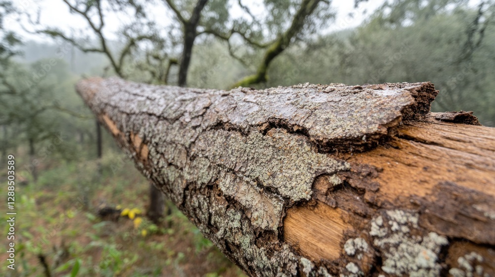 Fototapeta premium Fallen log, forest, rain, moss, decay, nature, texture, background, blurred, wildlife