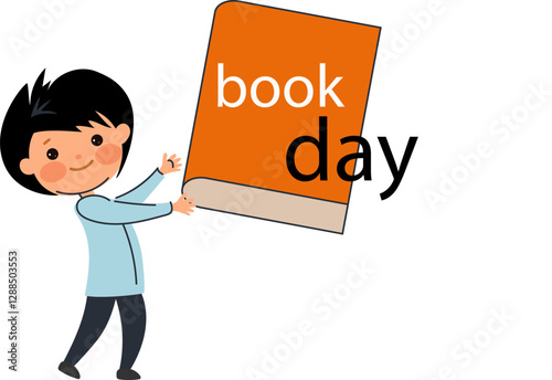small child boy is reading book.  concept of reading and learning. International Literacy Day, book day.  Children education background. Book festival.Vector png cartoon flat  Illustration 