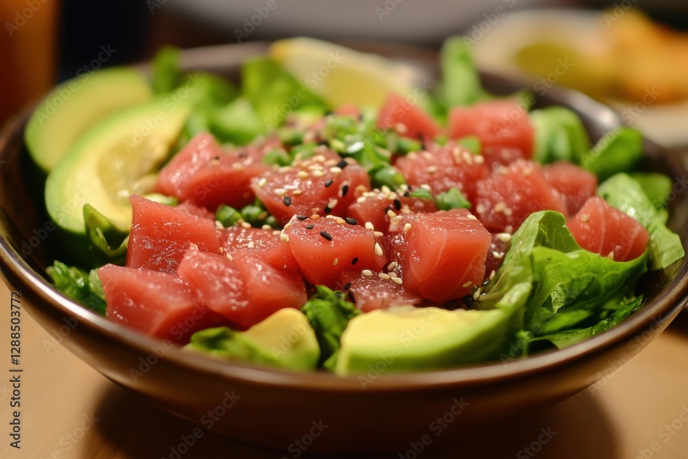 Ahi Tuna Seared Salad. Fresh Healthy Japanese Sashimi Dish with Raw Fish Ahi Tuna Seared Salad. Fresh Healthy Japanese Sashimi Dish with Raw Fish