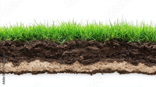 Photo of a crosssection view of soil with grass on a white background, representing the underground layers and vegetation in nature Web banner with copy space on the left side