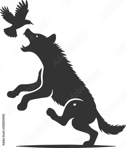 A hyena jumping into the air, trying to catch a bird vector animal silhouette