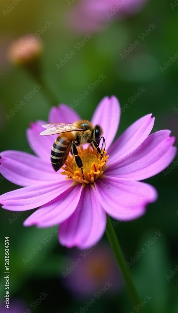 Golden honeybee collects nectar from purple flower petals, yellow, bees Golden honeybee collects nectar from purple flower petals, yellow, bees