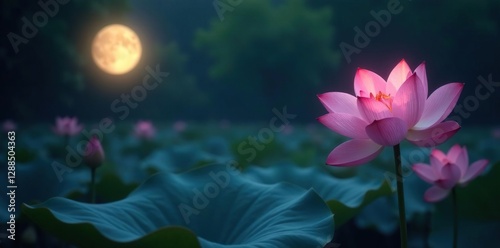 Lotus flowers sway gently in the moon's soft light, purring, soothing