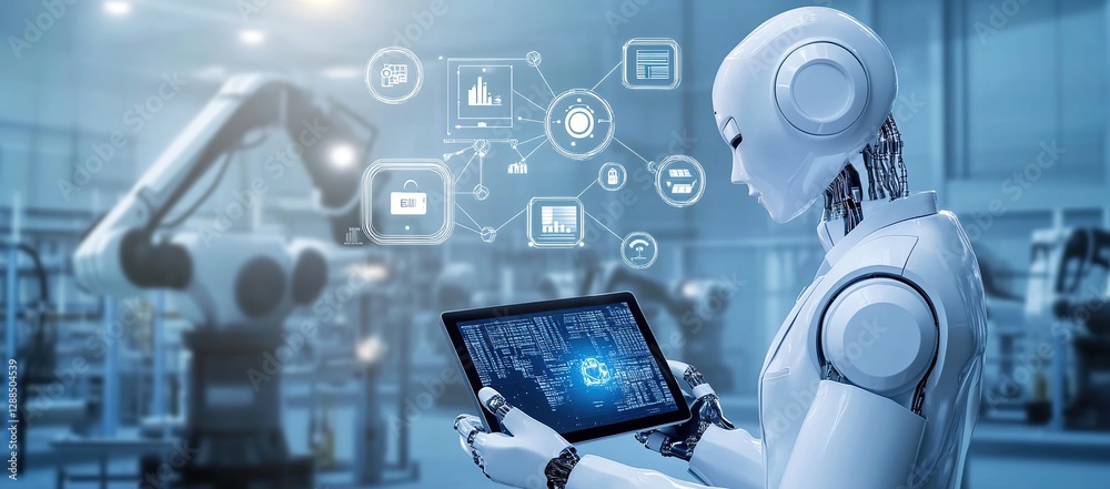 AI Robot Industrial Controlling Monitoring Software Industry Icons Tablet Smart Factory AI Robot Industrial Controlling Monitoring Software Industry Icons Tablet Smart Factory