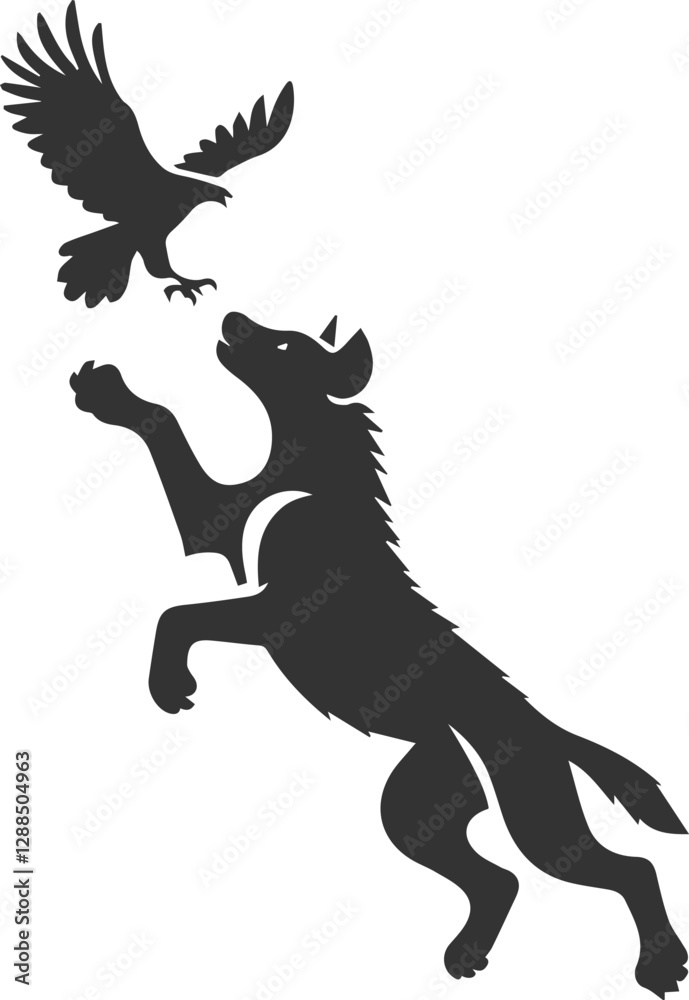 Fototapeta premium A hyena jumping into the air, trying to catch a bird vector animal silhouette